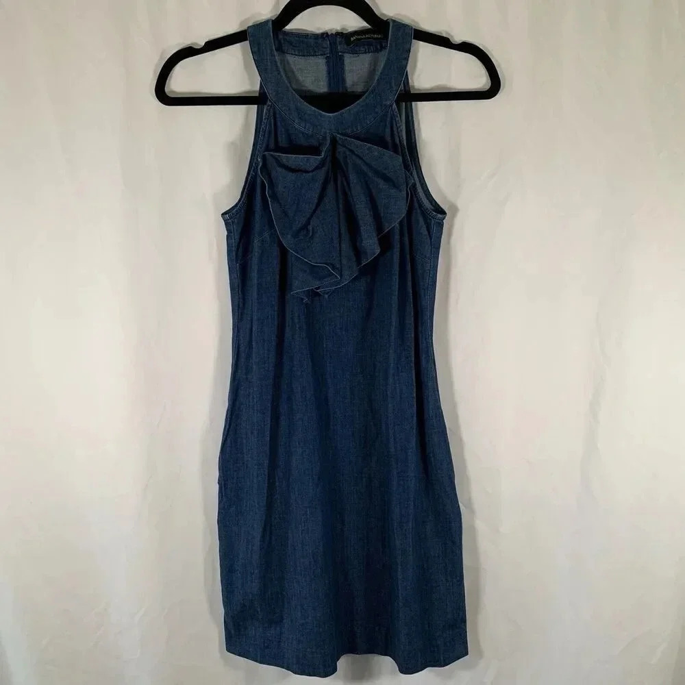 Banana Republic Mini Dress Women's 0 Chambray Ruffle Bow High Neck Sleeveless